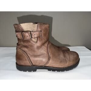 Birkenstock Stowe Womens Brown Leather Ankle Boots Buckle Zip Moto Lug US 9.5